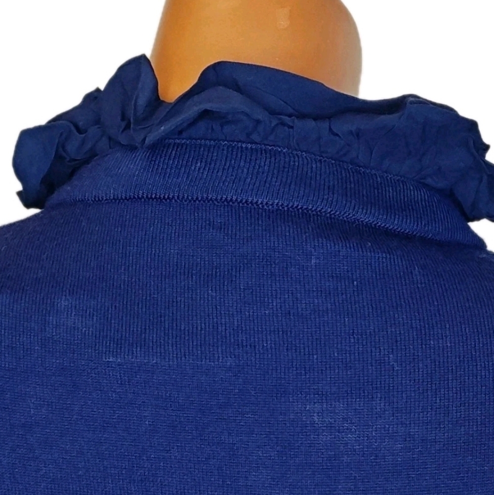 J Crew Merino Wool Ruffled Mockneck Cardigan Fitted Sweater Slim Large Navy Nwt - Picture 10 of 16